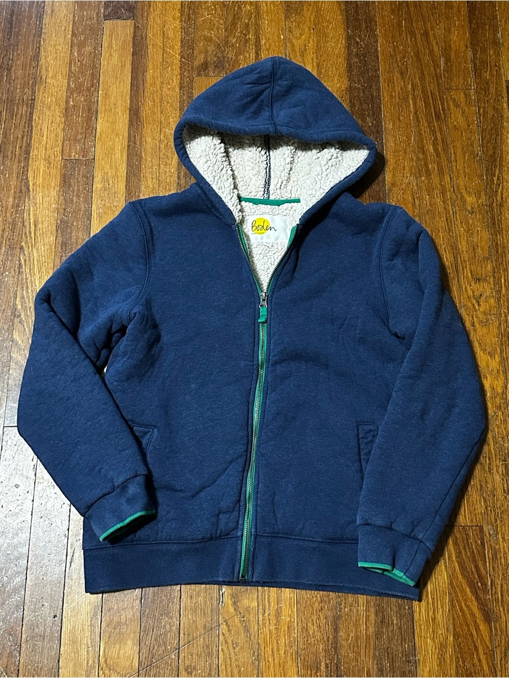 Boden Navy Sherpa-Lined Zip Hoodie for Kids, Sz 13/14